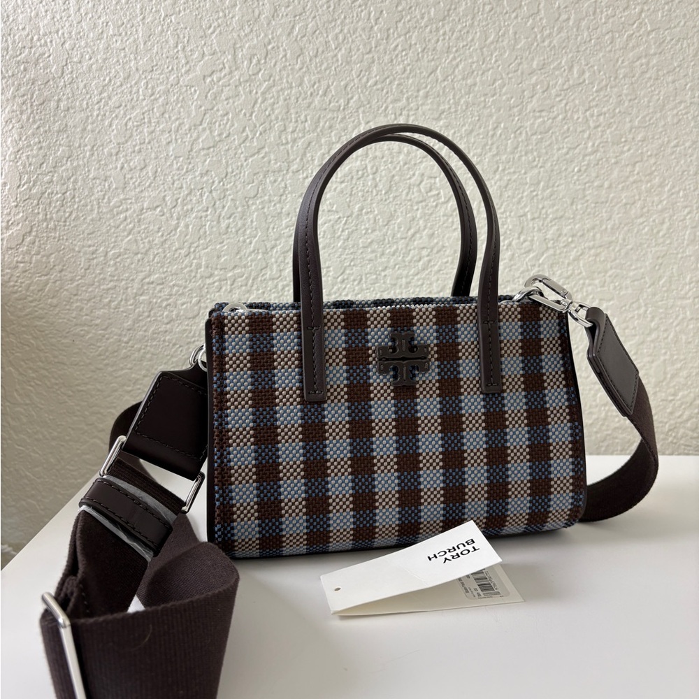 Tory Burch Brown Blue Checkered Small Tote
